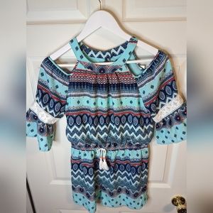 My Michelle girls blue multicolor romper open shoulders size large NWT